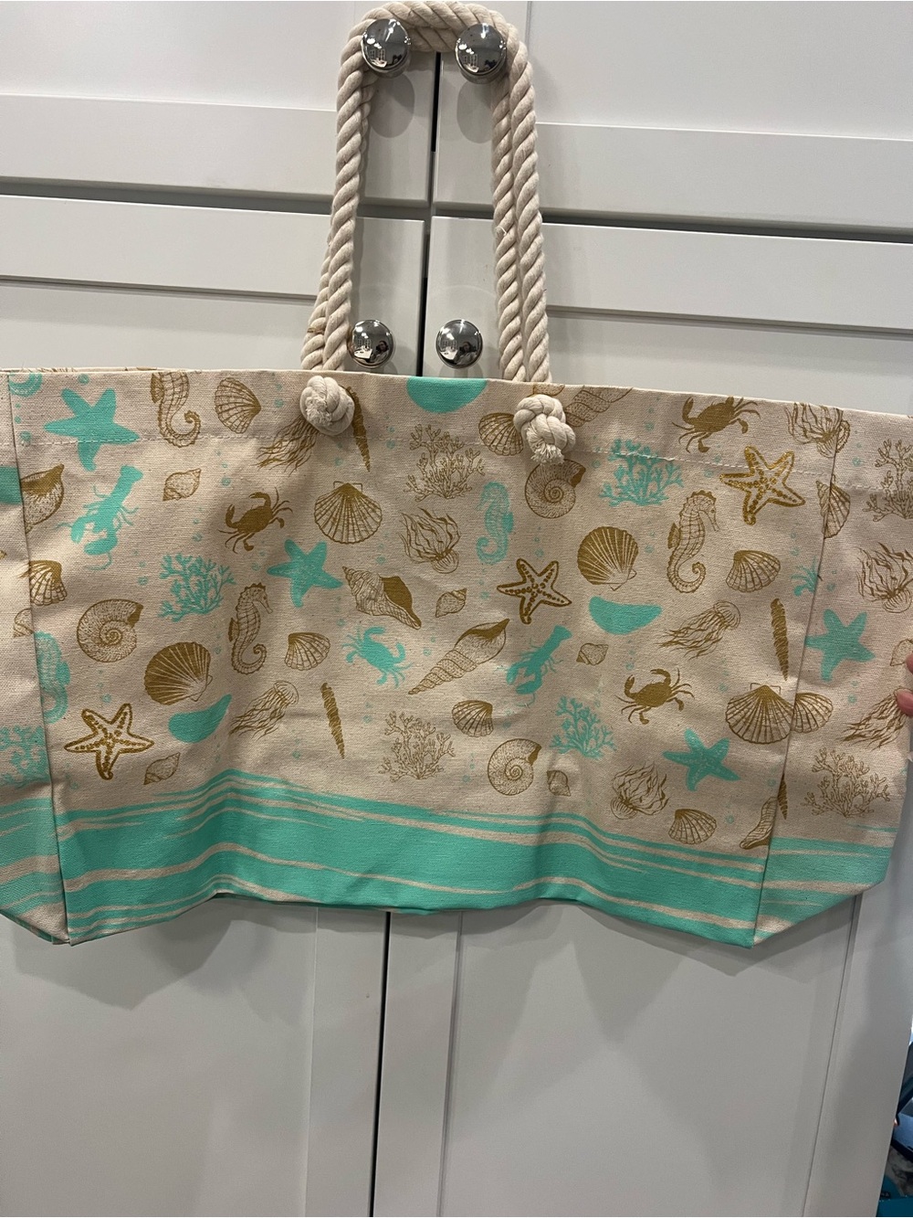 BNWT Love Bivid Seashell Print Beach Tote in Aqua Cream and Gold - Picture 5 of 7